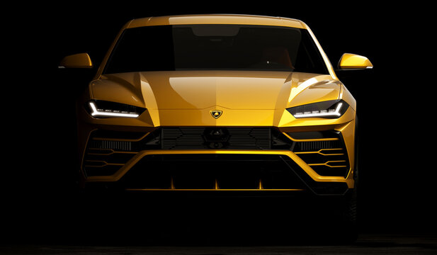 Almaty, Kazakhstan 05 July. Lamborghini Urus luxury sport suv car. Isolated on dark background. 3d render