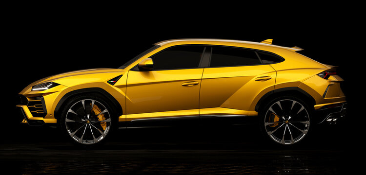Almaty, Kazakhstan 05 July. Lamborghini Urus luxury sport suv car. Isolated on dark background. 3d render
