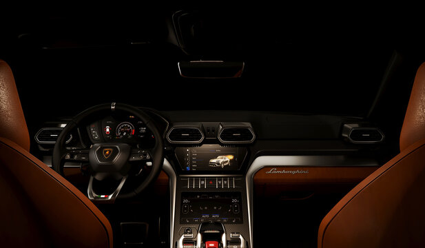 Almaty, Kazakhstan 05 July. Lamborghini Urus luxury sport suv car interior. 3d render