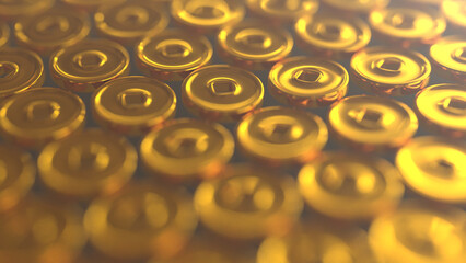 3D rendering of group of antique golden coins with shallow depth of field, a work of modern abstract graphic art