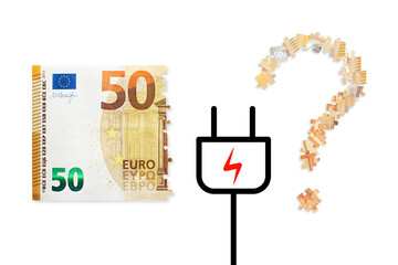Euro banknotes on a white background with power socket. Energy crisis and expensive electricity, gas price. Big heating, gas and electricity bill