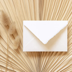 Square envelope on dry beige palm leaf near hare's tail grass top view,  boho wedding mockup