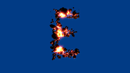 burning rocks font - lighting red letter E, isolated - object 3D rendering