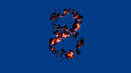 lava stones alphabet - shining red number 8, isolated - object 3D illustration
