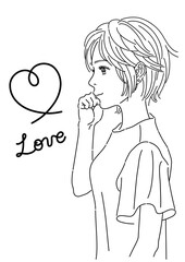 横を向いている女性とハートの白黒イラスト