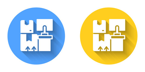 Obraz premium White Warehouse interior with boxes on racks icon isolated with long shadow background. Logistics, cargo, parcel storage postal service. Circle button. Vector