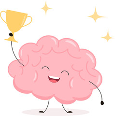 Cute brain with winner cup. Funny kawaii human brain character. Cartoon flat style. illustration