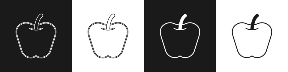 Set Apple icon isolated on black and white background. Excess weight. Healthy diet menu. Fitness diet apple. Vector