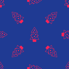 Red Christmas tree with decorations icon isolated seamless pattern on blue background. Merry Christmas and Happy New Year. Vector