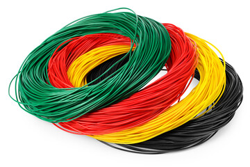 green, black, yellow and red electric cables isolated on white background. electrical wire. clipping path