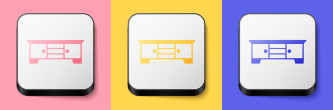 Isometric TV table stand icon isolated on pink, yellow and blue background. Square button. Vector