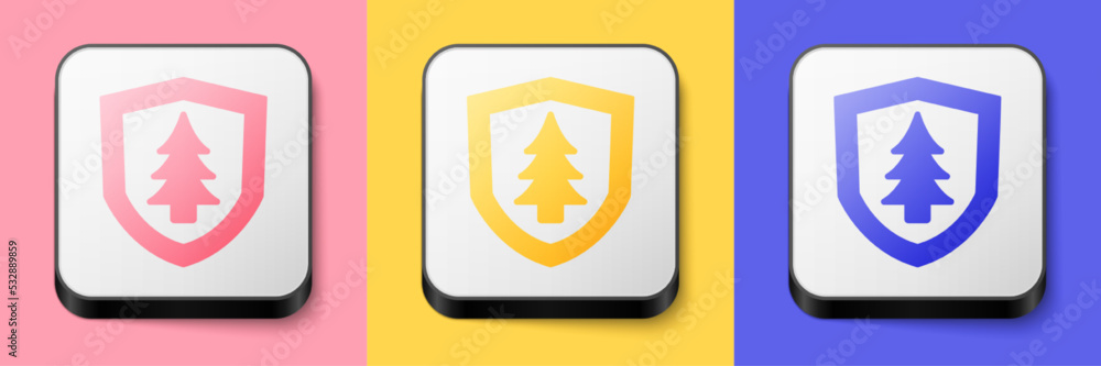 Poster isometric shield with tree icon isolated on pink, yellow and blue background. eco-friendly security 