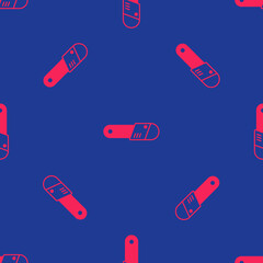 Red Chainsaw icon isolated seamless pattern on blue background. Vector