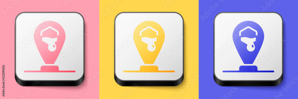 Poster isometric honeycomb bee location map pin pointer icon isolated on pink, yellow and blue background. 