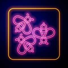 Glowing neon Bees icon isolated on black background. Sweet natural food. Honeybee or apis with wings symbol. Flying insect. Vector