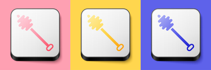 Isometric Honey dipper stick icon isolated on pink, yellow and blue background. Honey ladle. Square button. Vector