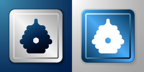White Hive for bees icon isolated on blue and grey background. Beehive symbol. Apiary and beekeeping. Sweet natural food. Silver and blue square button. Vector