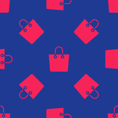 Red Paper shopping bag icon isolated seamless pattern on blue background. Package sign. Vector