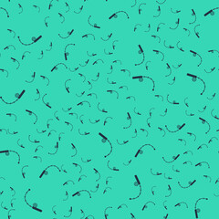 Black Fishing rod icon isolated seamless pattern on green background. Catch a big fish. Fishing equipment and fish farming topics. Vector