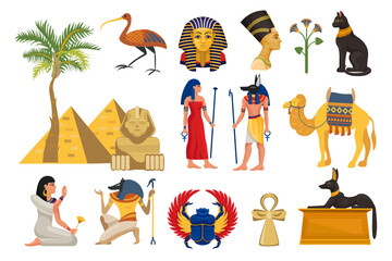 Ancient Egypt Symbols with Deity, Pyramid, Camel, Ankh and Scarab Beetle Big Vector Set - obrazy, fototapety, plakaty