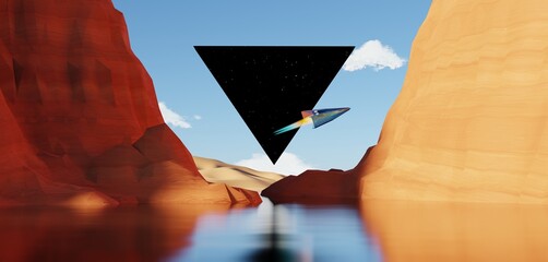 Abstract Dune cliff sand with Space triangle, spaceship and clean blue cloud sky. Surreal minimal Desert natural landscape background. Scene of Desert with Dark galaxy Triangle design. © TANATPON