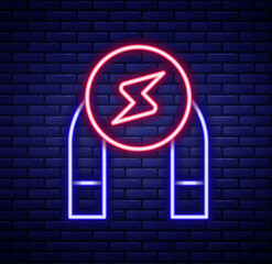 Glowing neon line Magnet icon isolated on brick wall background. Horseshoe magnet, magnetism, magnetize, attraction. Colorful outline concept. Vector