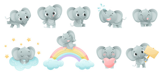 Funny Grey Elephant with Large Ear Flaps and Trunk Enjoying Different Activity Vector Set