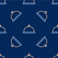 Line Covered with a tray of food icon isolated seamless pattern on blue background. Tray and lid sign. Restaurant cloche with lid. Vector