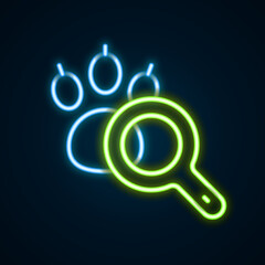 Glowing neon line Paw search icon isolated on black background. Magnifying glass with animal footprints. Colorful outline concept. Vector