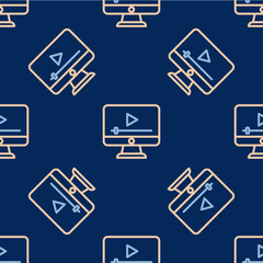 Line Online play video icon isolated seamless pattern on blue background. Film strip with play sign. Vector