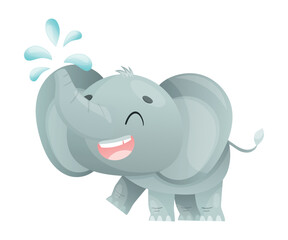 Naklejka premium Funny Grey Elephant with Large Ear Flaps and Trunk Sprinkling Water Vector Illustration