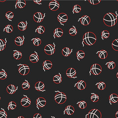 Line Yarn ball icon isolated seamless pattern on black background. Label for hand made, knitting or tailor shop. Vector