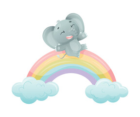 Funny Grey Elephant with Large Ear Flaps and Trunk Sliding Rainbow Vector Illustration