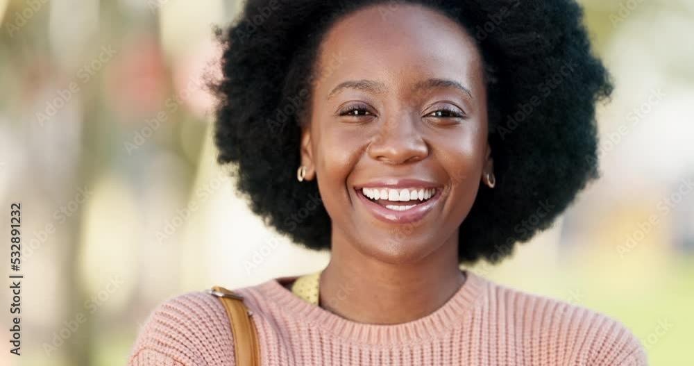 Poster Black woman afro, smile and face portrait in happiness for success against blurred background. Closeup of a happy and confident African female student smiling and laughing for freedom in the outdoors