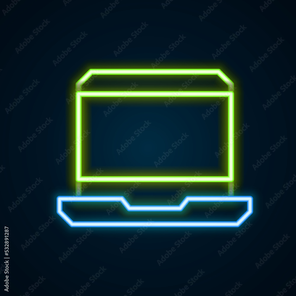 Poster glowing neon line laptop icon isolated on black background. computer notebook with empty screen sign