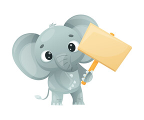 Funny Grey Elephant with Large Ear Flaps and Trunk Holding Empty Banner or Signboard Vector Illustration