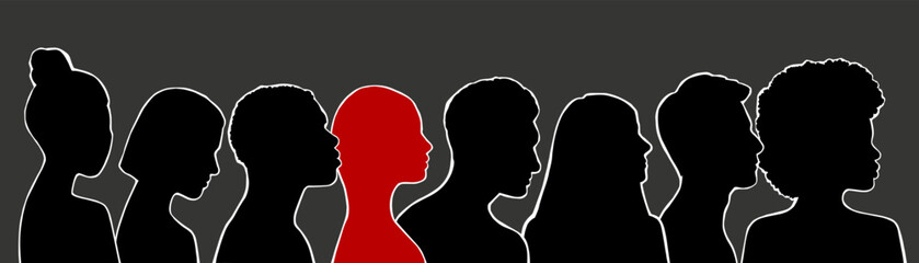 Long banner with diverse people silhouettes. Choice concept. Vector flat illustration.