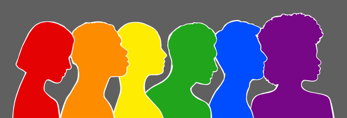 LGBT poster. Silhouettes of various people painted in the colors of the rainbow. Vector flat illustration.