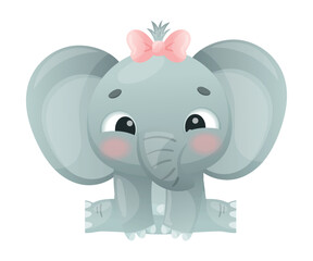 Funny Grey Elephant with Large Ear Flaps and Trunk Sitting with Bow on Its Head Vector Illustration