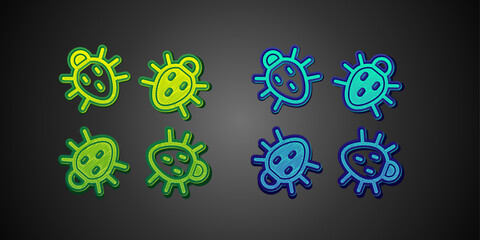 Green and blue Colorado beetle icon isolated on black background. Vector