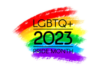 LGBTQ 2023 pride month logo. Vector flat illustration with hand drawn watercolor rainbow flag.