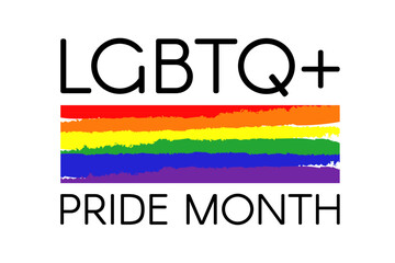LGBTQ+ pride month logo. Vector flat illustration with rainbow flag.