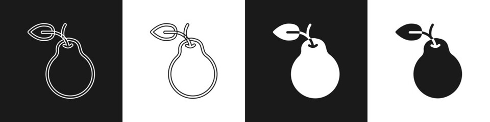 Set Pear icon isolated on black and white background. Fruit with leaf symbol. Vector
