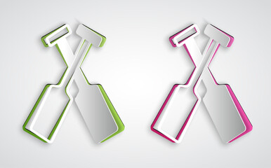 Paper cut Crossed oars or paddles boat icon isolated on grey background. Paper art style. Vector