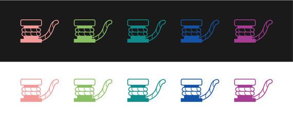 Set Marine bollard with rope tied on pier icon isolated on black and white background. Vector