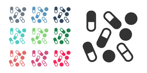 Black Medical pill bottle biohacking icon isolated on white background. Pharmacy biohacking. Set icons colorful. Vector