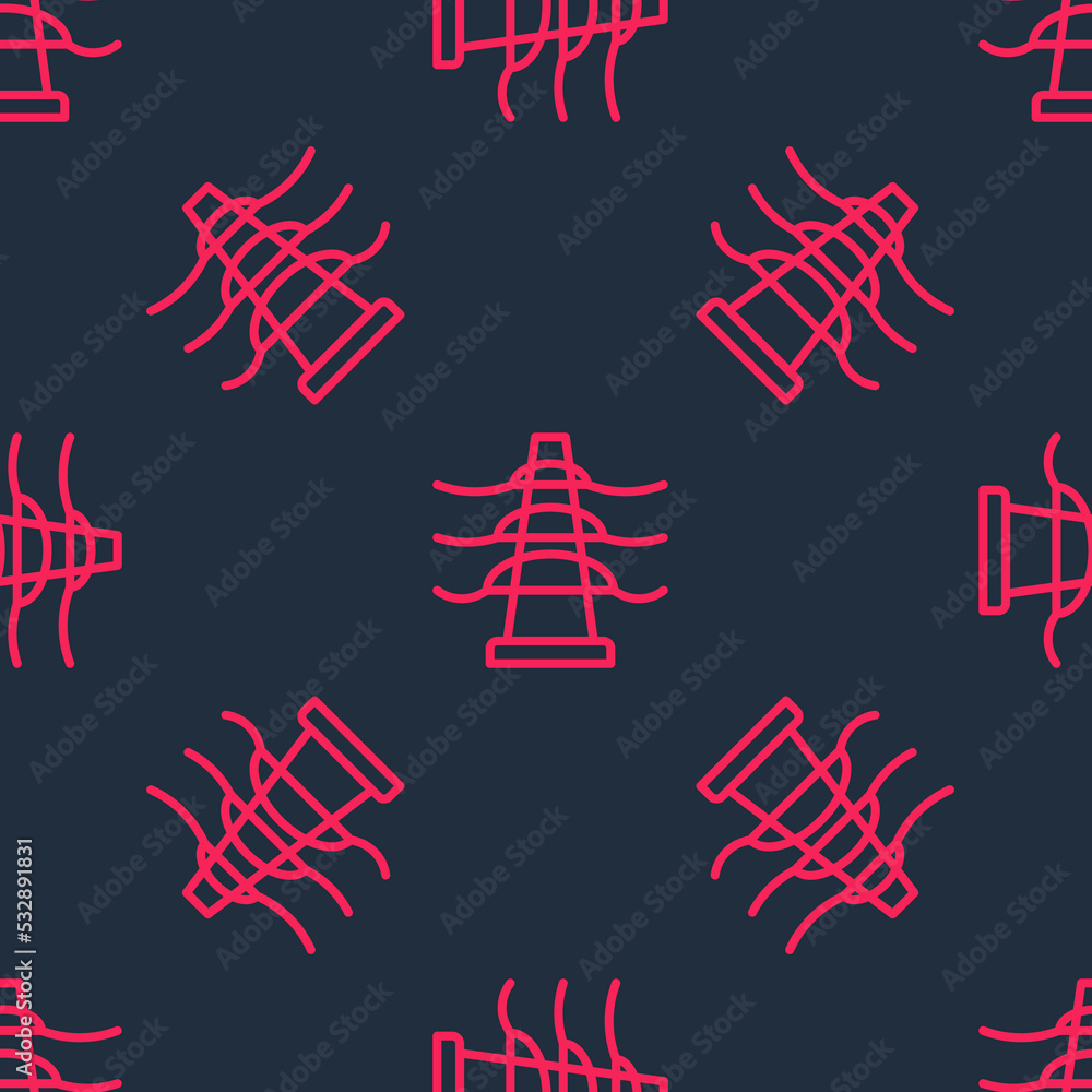 Poster red line electric tower used to support an overhead power line icon isolated seamless pattern on bla