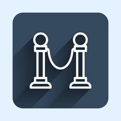 White line Rope barrier icon isolated with long shadow background. VIP event, luxury celebration. Celebrity party entrance. Blue square button. Vector