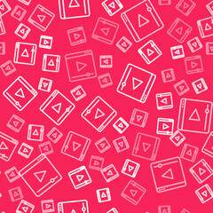 Obraz premium White line Online play video icon isolated seamless pattern on red background. Film strip with play sign. Vector