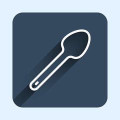 White line Teaspoon icon isolated with long shadow background. Cooking utensil. Cutlery sign. Blue square button. Vector
